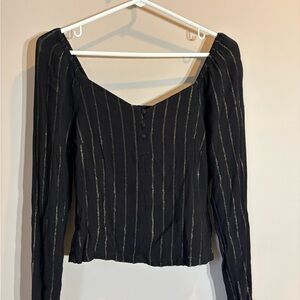 Idyllwind Black Long-Sleeve Square-Neck Top with Gold Stripes